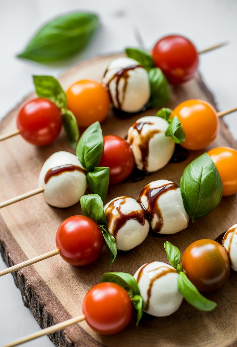A plate of Caprese skewers with cherry tomatoes, mozzarella, basil leaves, and balsamic glaze on a rustic surface.