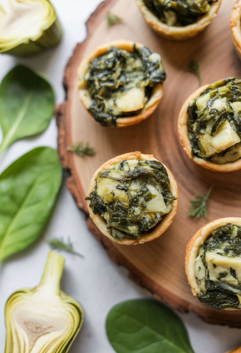 Close-up of mini spinach and artichoke dip bites on a rustic surface with fresh spinach and artichoke ingredients around them.