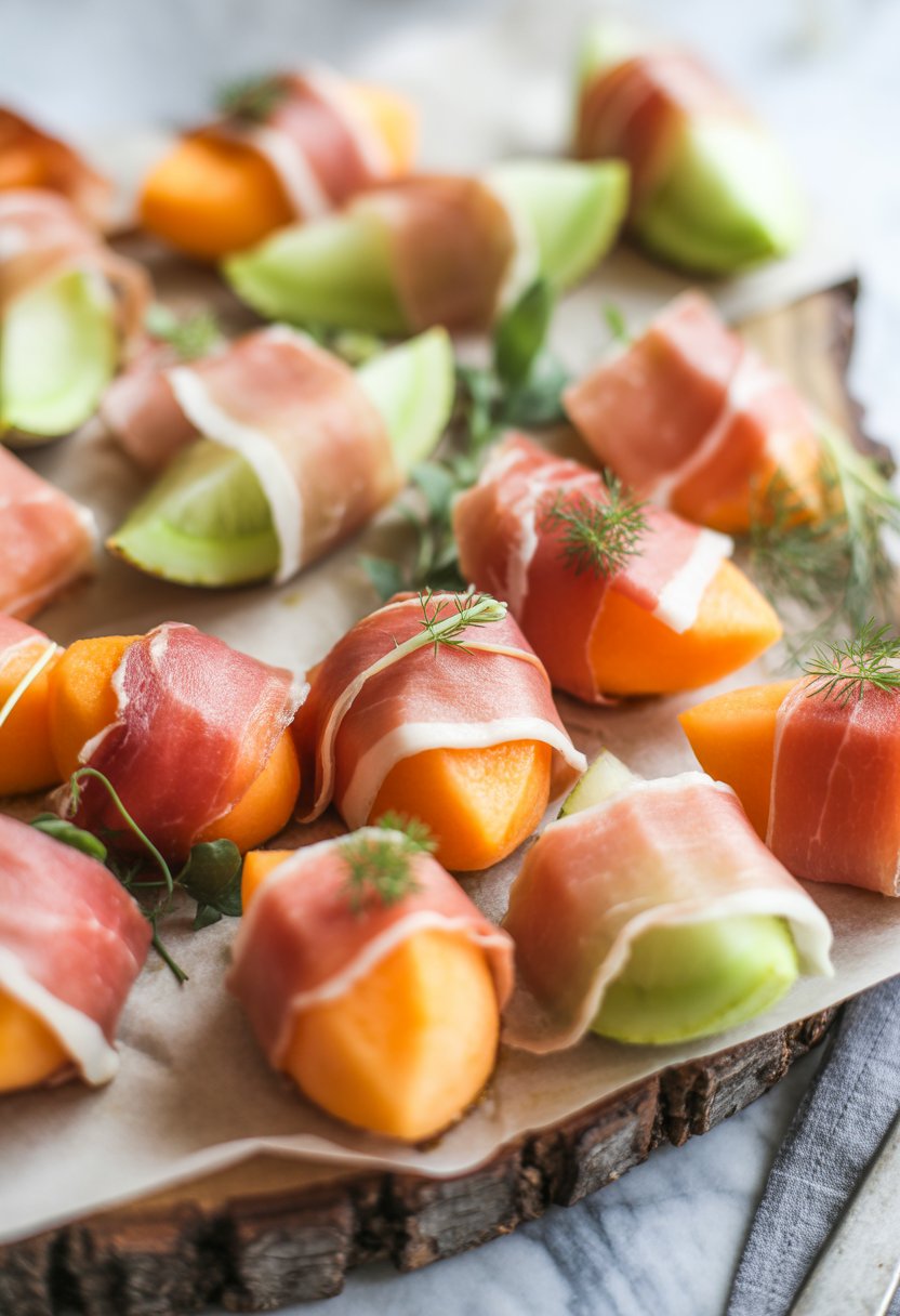 A plate of prosciutto-wrapped melon balls garnished with fresh herbs on a rustic surface.
