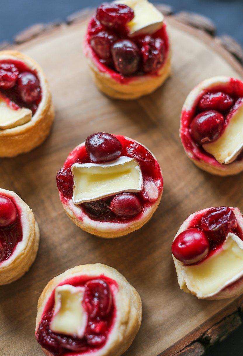Seven cranberry brie bites arranged on a rustic surface with fresh cranberries and melted cheese.