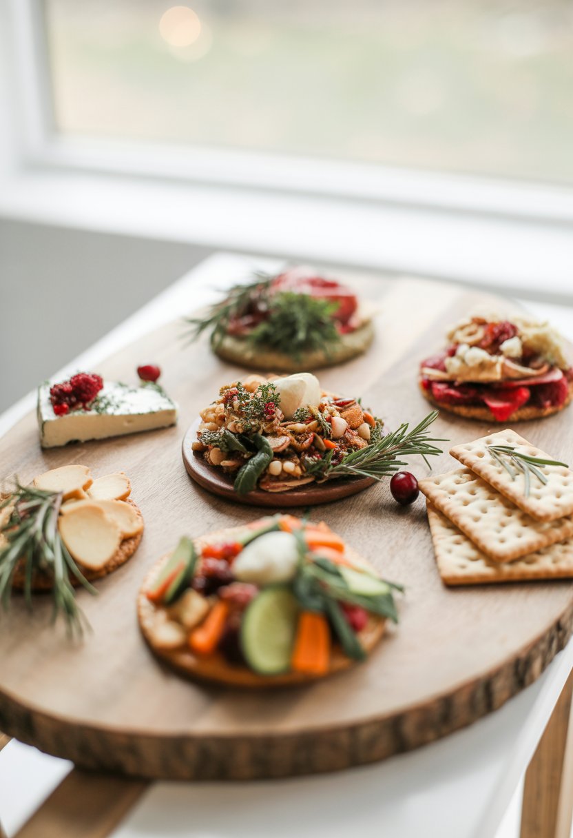 A variety of colorful Christmas appetizers arranged on a rustic wooden or marble surface with fresh ingredients and festive garnishes.