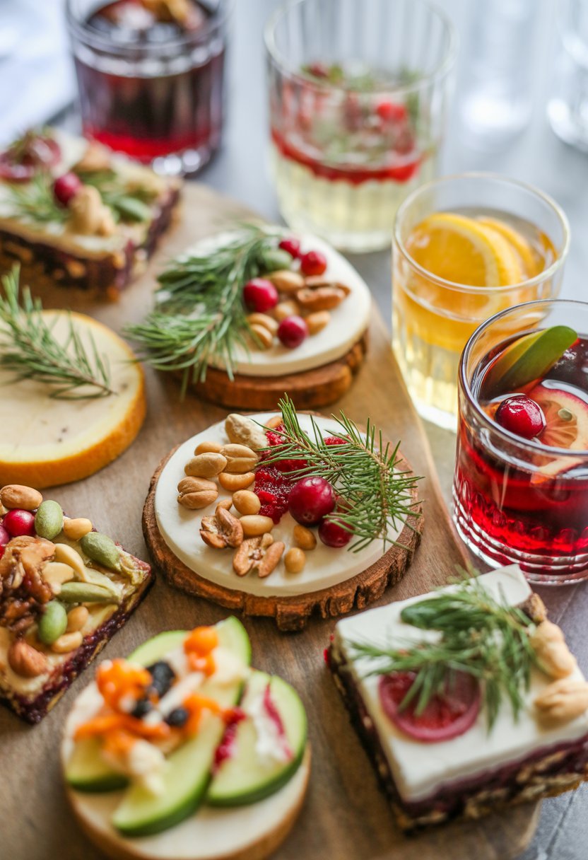 A festive arrangement of seven Christmas appetizers with fresh ingredients and holiday drinks on a rustic surface.