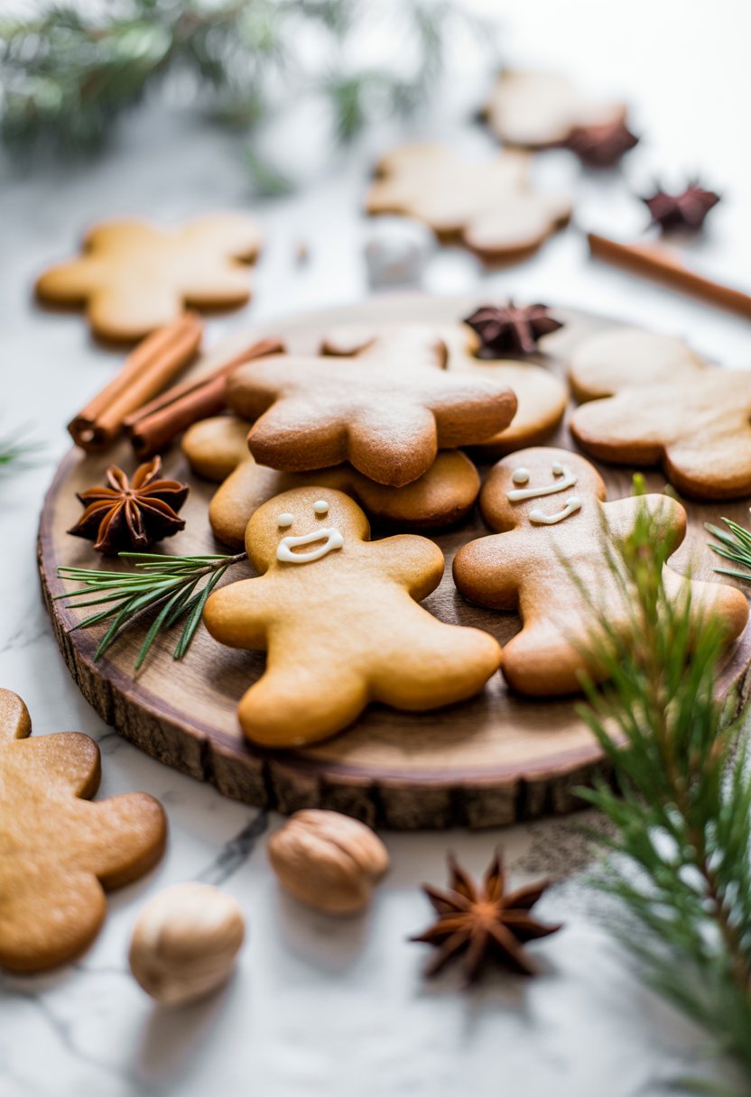 A close-up of classic gingerbread cookies on a wooden surface with cinnamon sticks and festive spices around them.