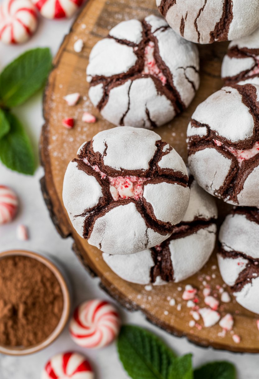 Close-up of peppermint chocolate crinkle cookies on a rustic surface with peppermint leaves and crushed candy canes around them.