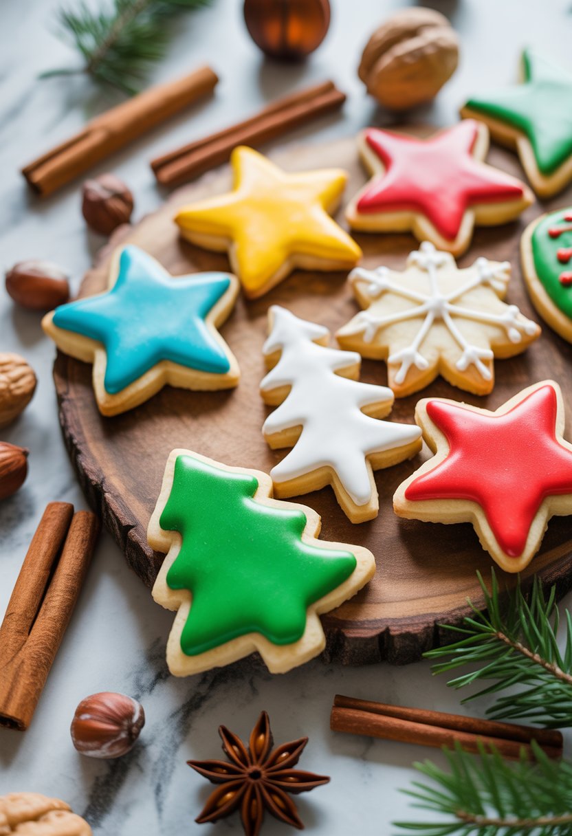 A collection of decorated Christmas sugar cookies with royal icing on a rustic surface, surrounded by baking ingredients.