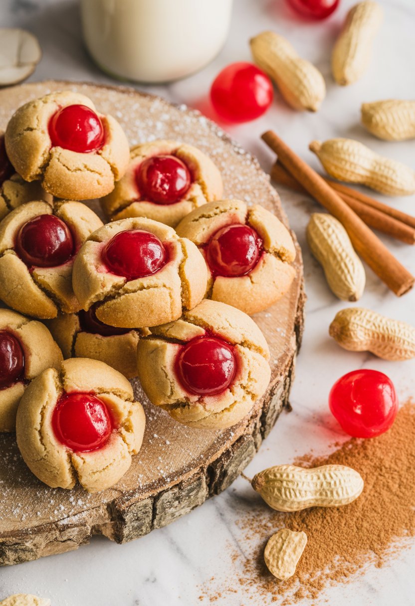 A close-up view of peanut butter blossom cookies with red cherry centers arranged on a rustic surface, surrounded by peanuts and cinnamon sticks.