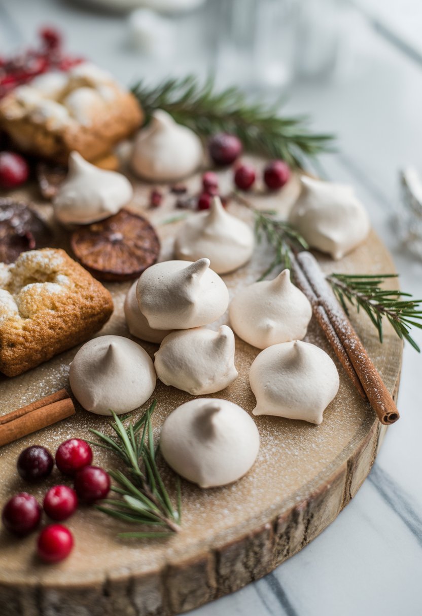 Close-up overhead view of white meringue kisses on a wooden or marble surface surrounded by fresh cranberries, rosemary, and cinnamon sticks.