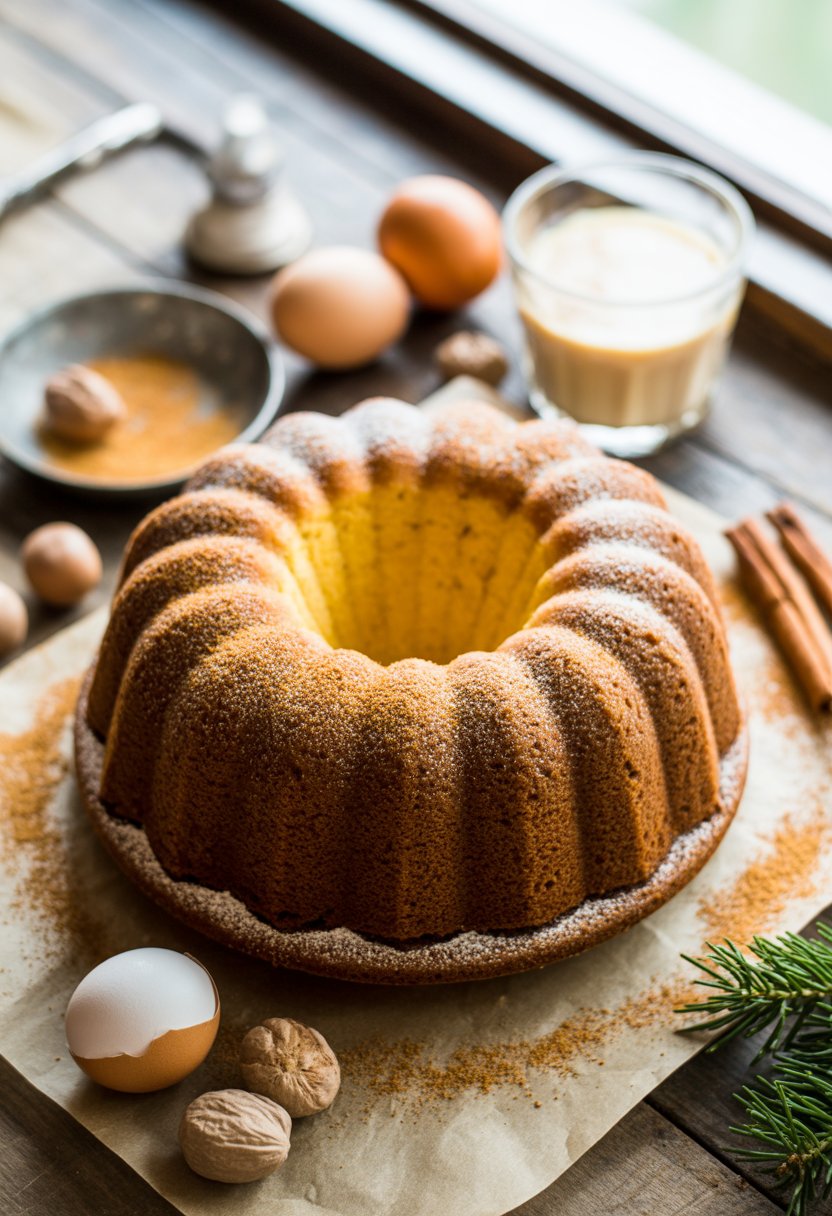 A freshly baked eggnog bundt cake on a wooden surface surrounded by cinnamon sticks, nutmeg, eggs, and a glass of eggnog.