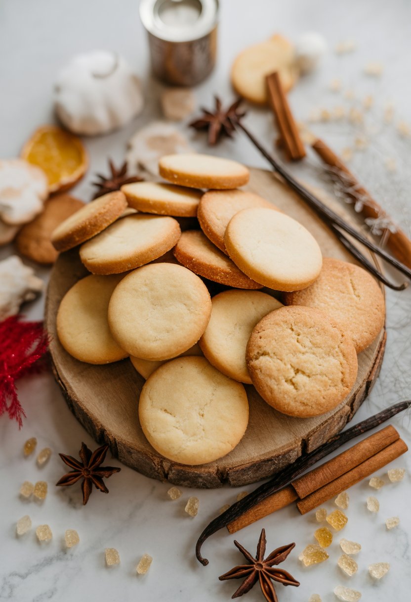 An overhead view of various Danish butter cookies on a rustic surface, surrounded by cinnamon sticks and spices.
