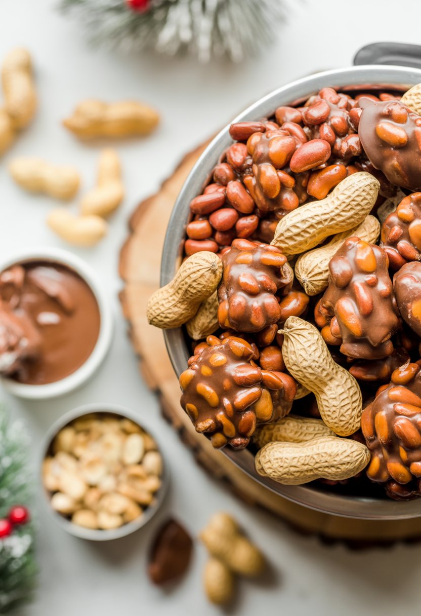 Close-up of peanut clusters on a rustic wooden surface with bowls of chocolate and nuts, surrounded by holiday decorations.