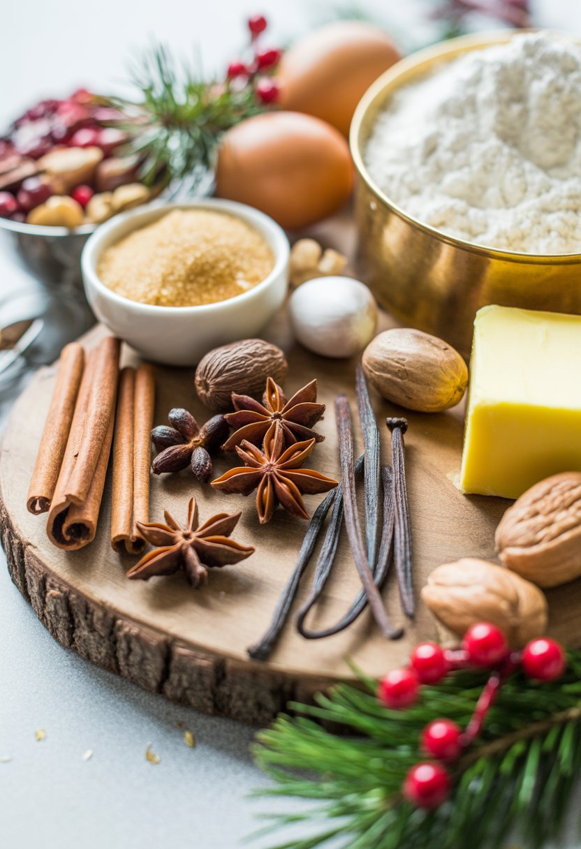 A top-down view of fresh ingredients for Christmas baking arranged on a wooden surface with spices, eggs, butter, sugar, and festive decorations.