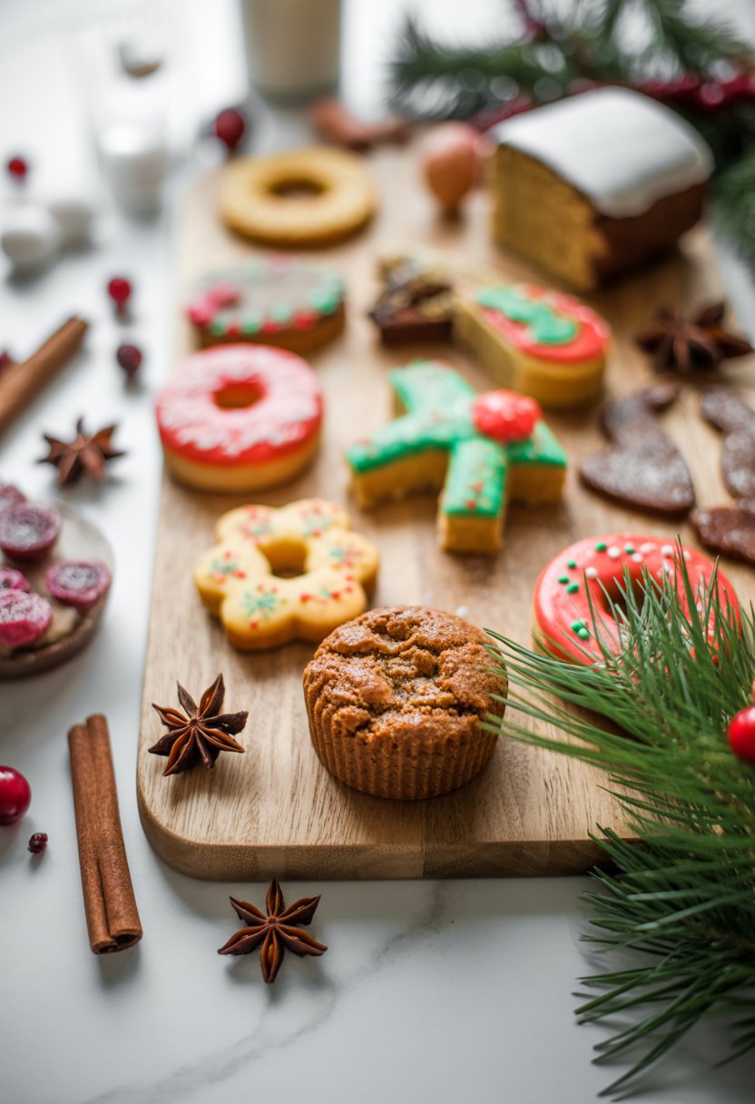 A top-down view of colorful holiday baked treats and fresh ingredients arranged on a rustic wood or marble surface.