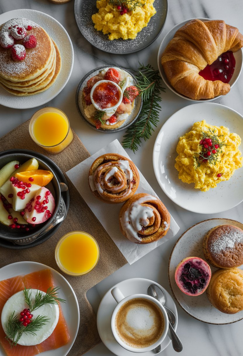 Nine different Christmas breakfast dishes arranged on rustic wood and marble surfaces, including pancakes with berries, croissants, scrambled eggs, cinnamon rolls, mixed fruit, smoked salmon, orange juice, muffins, and coffee.