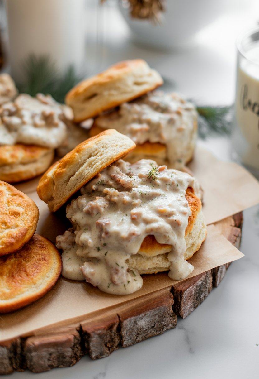 A plate of biscuits covered in sausage gravy on a rustic surface, with fresh herbs and a blurred background.