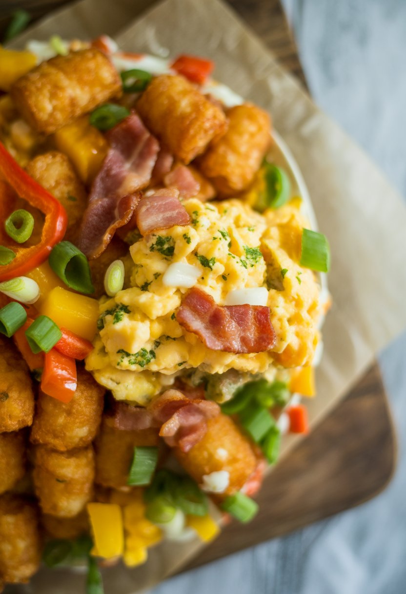 A close-up of a Tater Tot Breakfast Casserole with melted cheese, eggs, bacon, and vegetables on a rustic wooden surface.