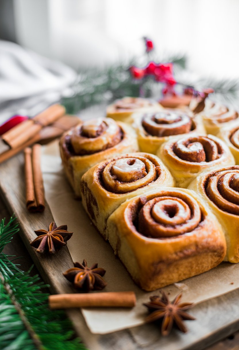 A tray of golden cinnamon rolls with cinnamon sticks and festive greenery on a rustic wooden surface.