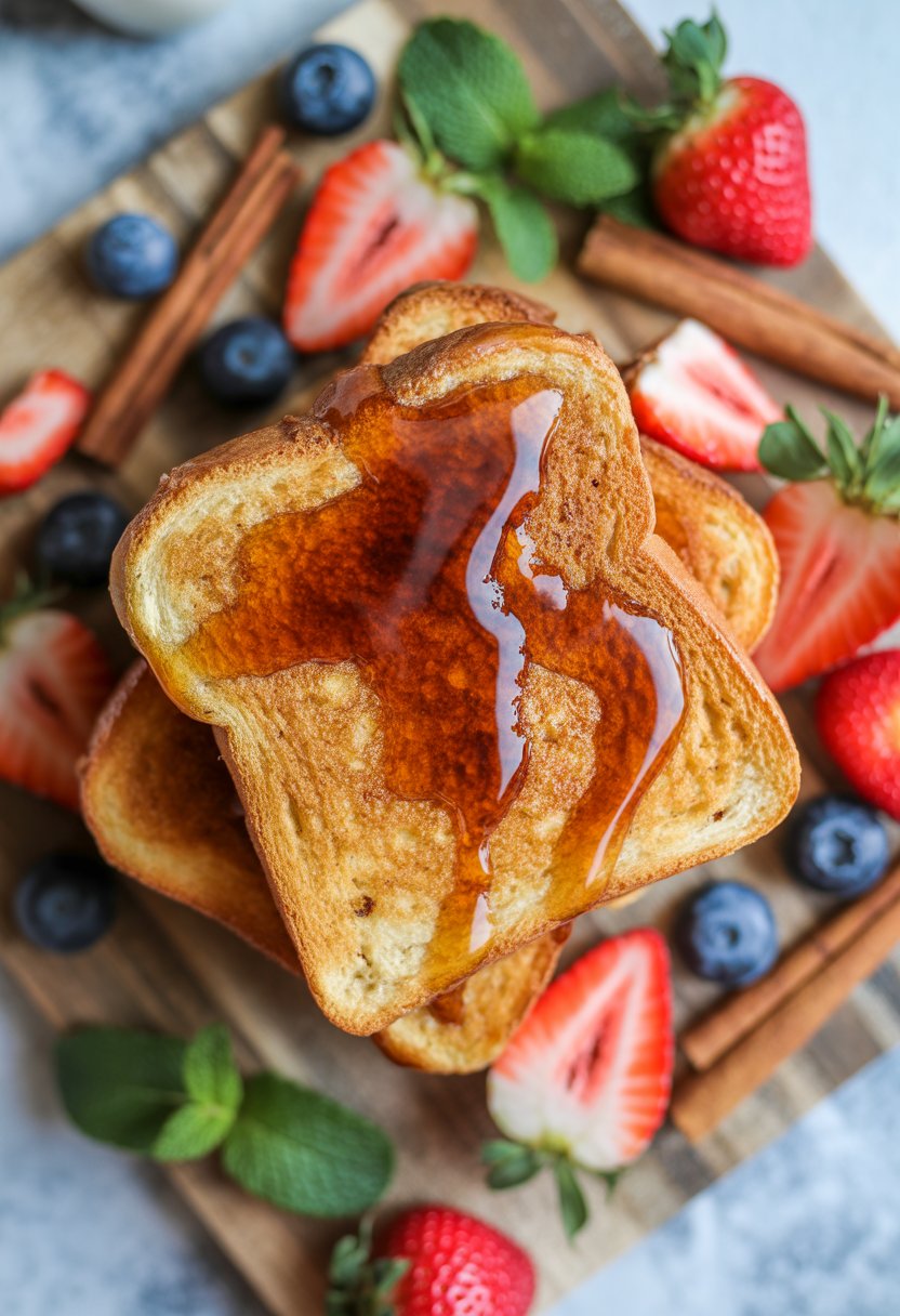 A plate of French toast topped with maple syrup and fresh berries on a rustic surface, surrounded by cinnamon sticks and mint leaves.