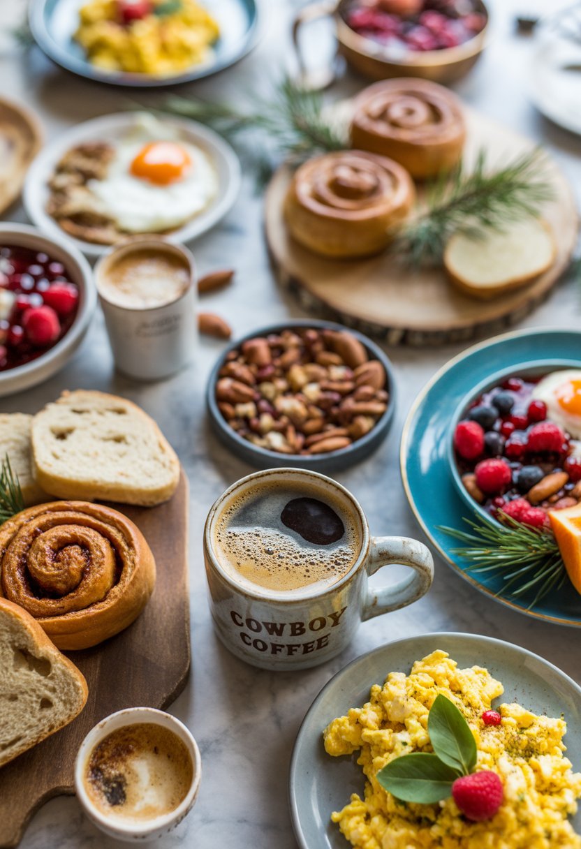 A Christmas breakfast spread with a cup of cowboy coffee, cinnamon rolls, fresh berries, scrambled eggs, and artisan bread on a wooden or marble surface.