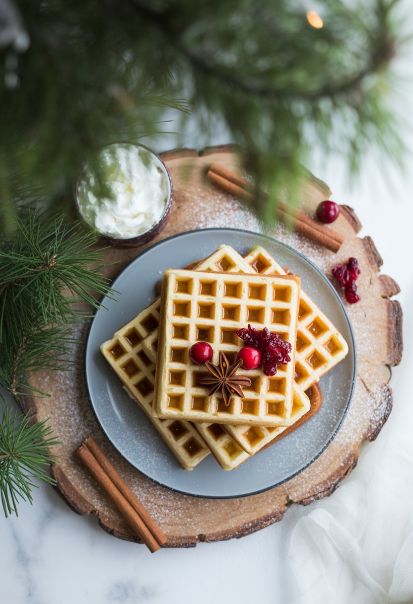 Plate of gingerbread waffles with cinnamon sticks, cranberries, and syrup on a rustic surface surrounded by festive decorations.