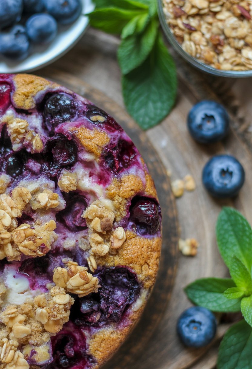 A blueberry crumble breakfast bake on a rustic wood surface with fresh blueberries and granola around it.