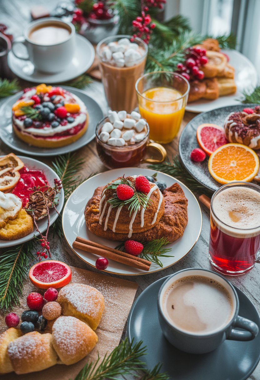 A festive Christmas breakfast table with nine different breakfast dishes and paired beverages arranged on a rustic surface, featuring fresh ingredients like berries and citrus, with warm drinks and holiday decorations.