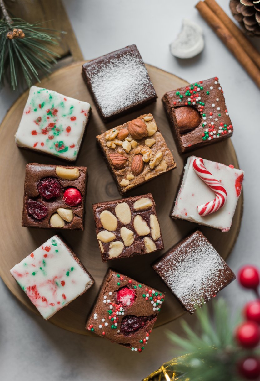 A top-down view of ten Christmas brownies with festive toppings arranged on a rustic wooden or marble surface surrounded by holiday decorations.