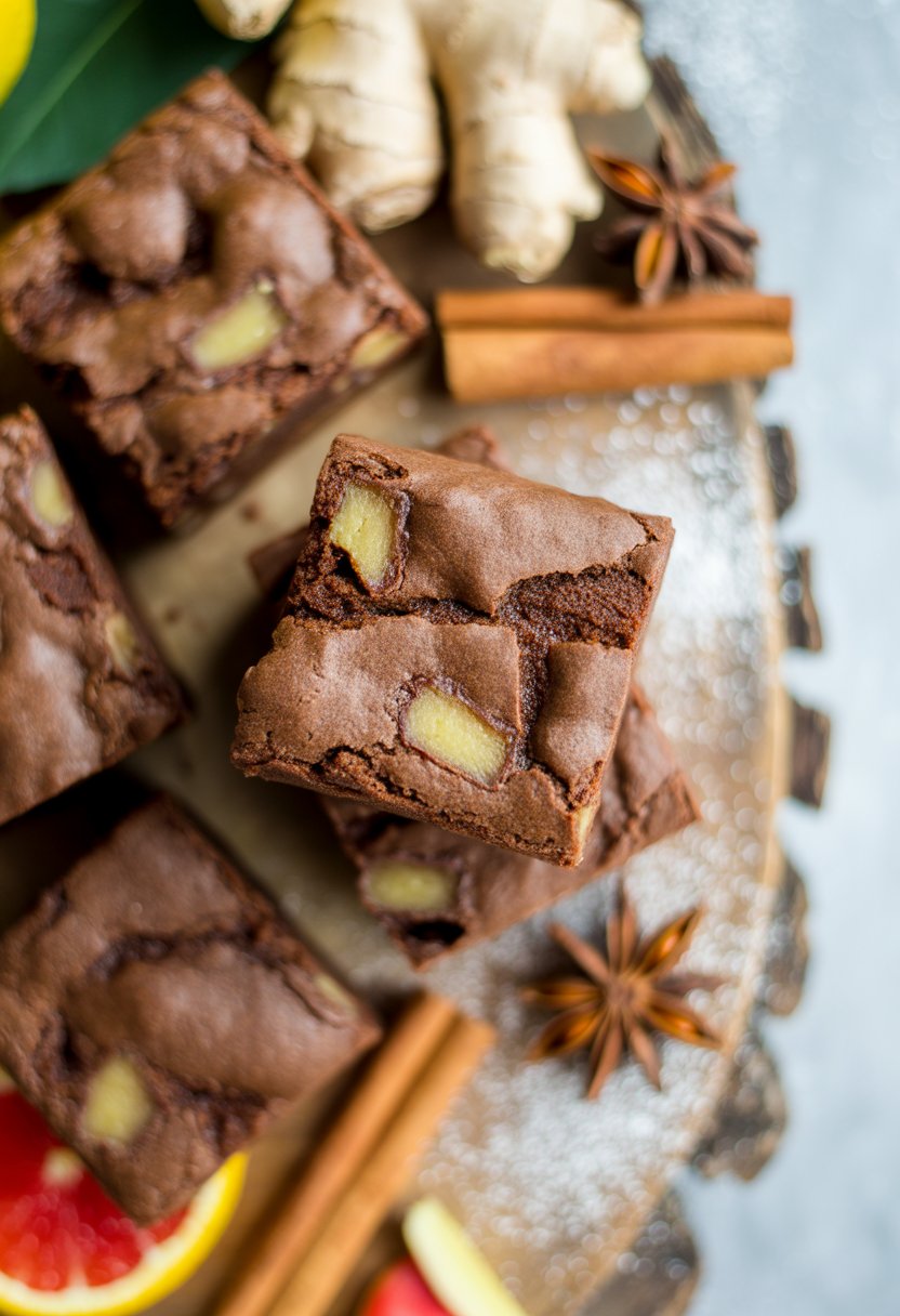 Close-up of gingerbread chunk brownies on a rustic wooden surface with cinnamon sticks and ginger root nearby.