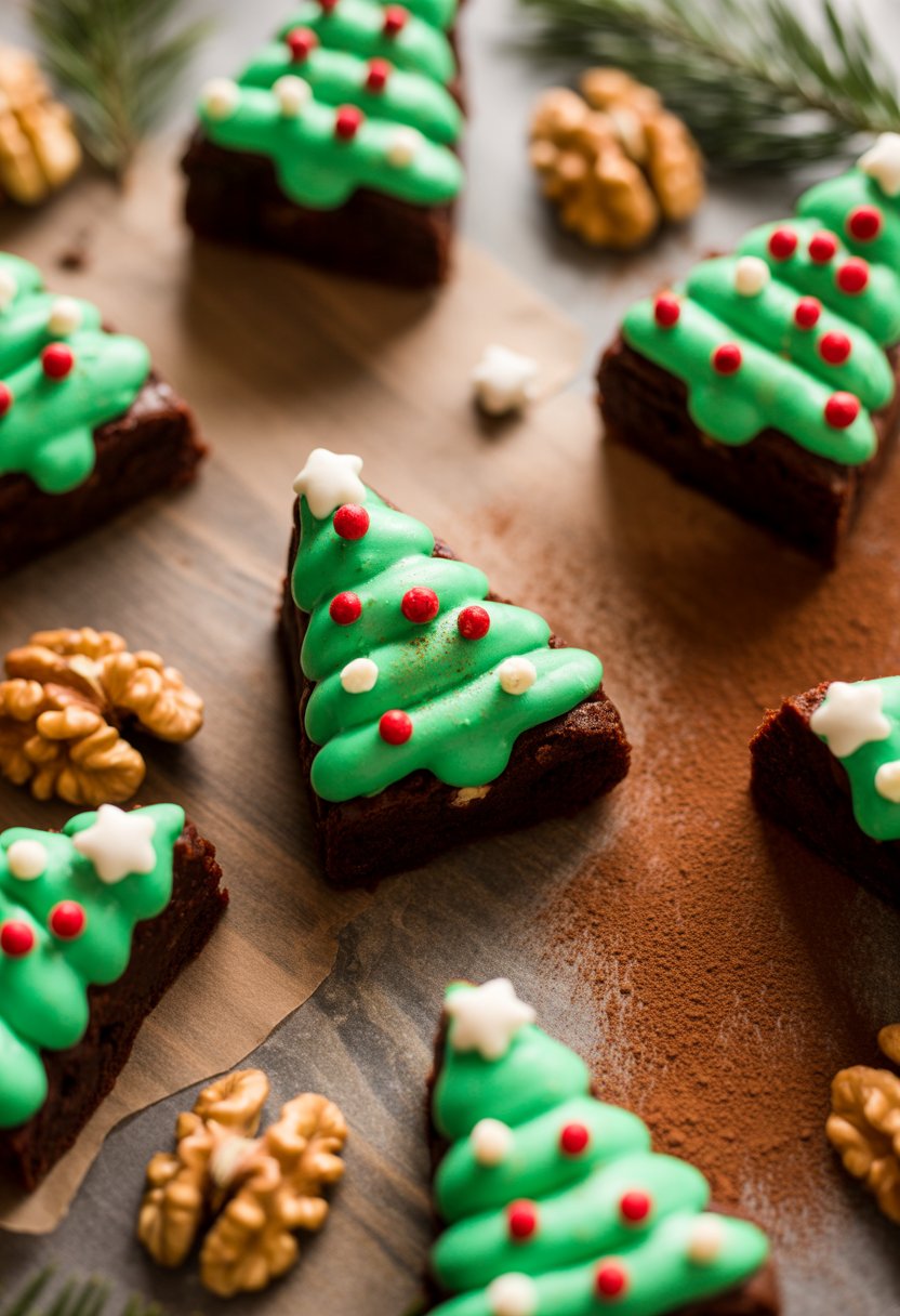 Close-up of Christmas tree-shaped brownie bites decorated with green frosting and sprinkles, arranged on a rustic surface with holiday-themed garnishes.