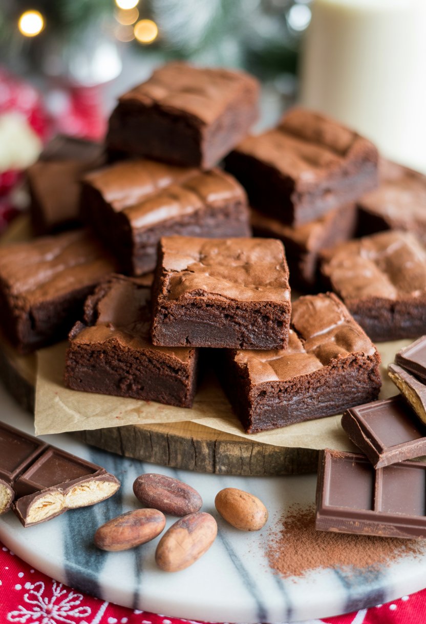 Close-up of rich chocolate brownies on a wooden or marble surface with fresh chocolate ingredients around them.