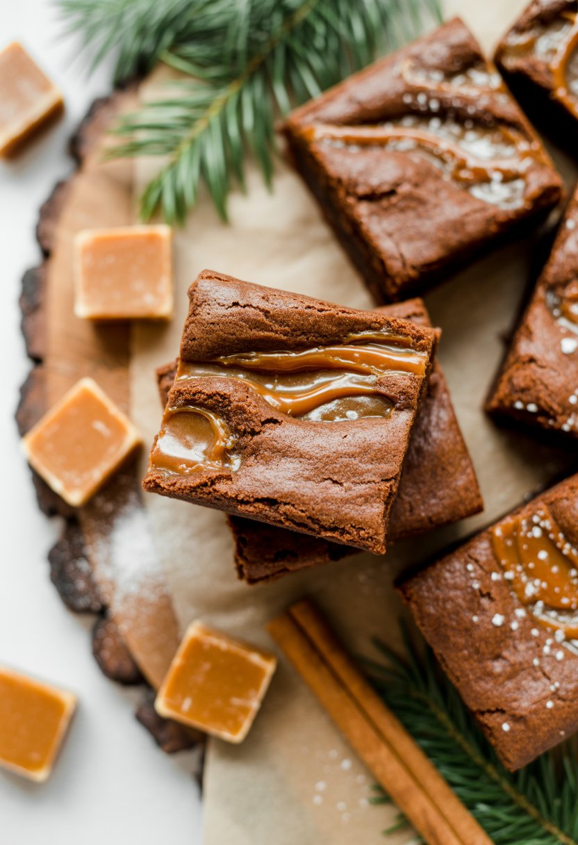 A close-up of salted caramel Christmas brownies on a wooden surface with caramel pieces, sea salt, cinnamon sticks, and evergreen sprigs.