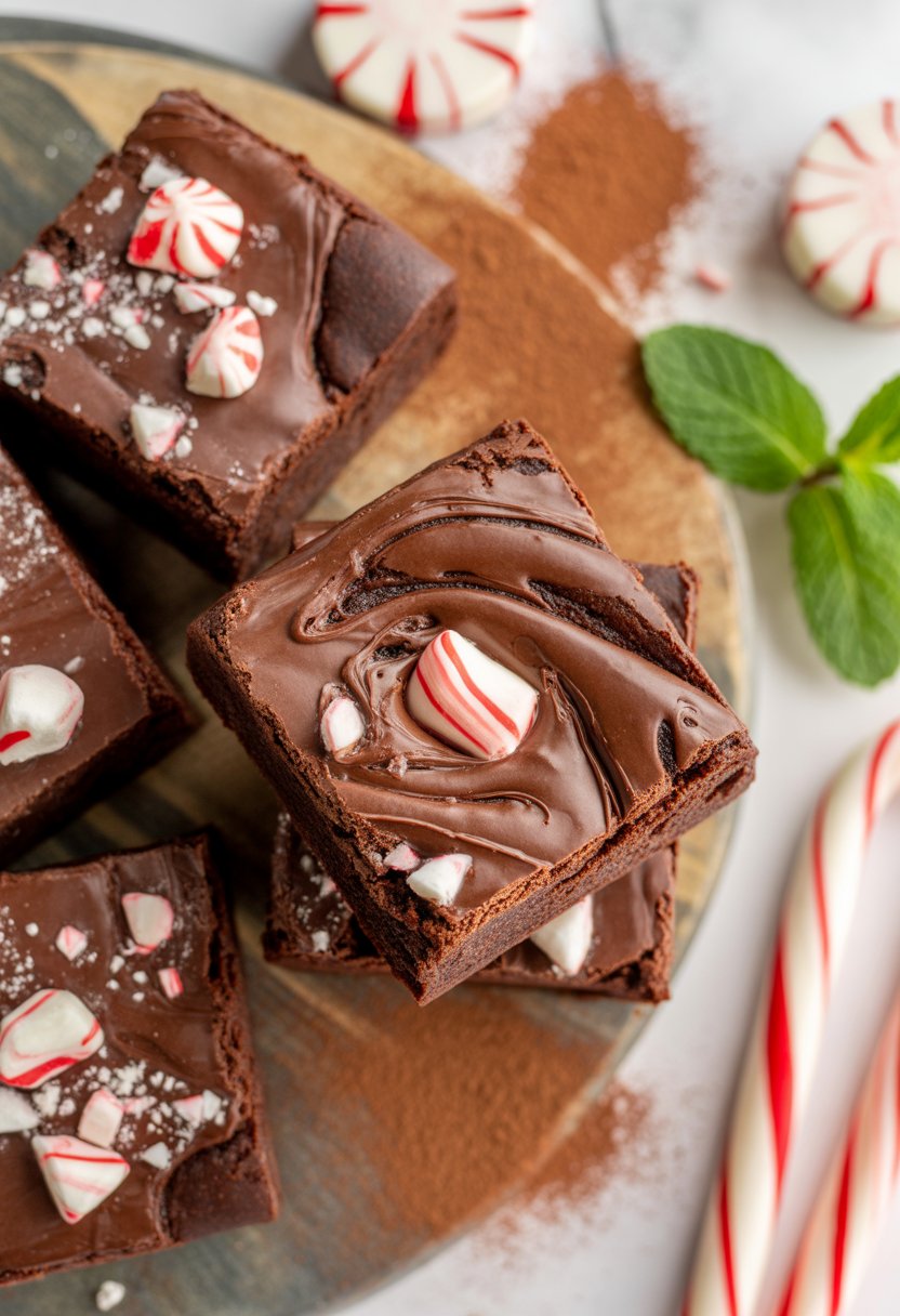 Close-up of peppermint hot chocolate brownies on a rustic surface with peppermint sticks and fresh mint leaves around them.