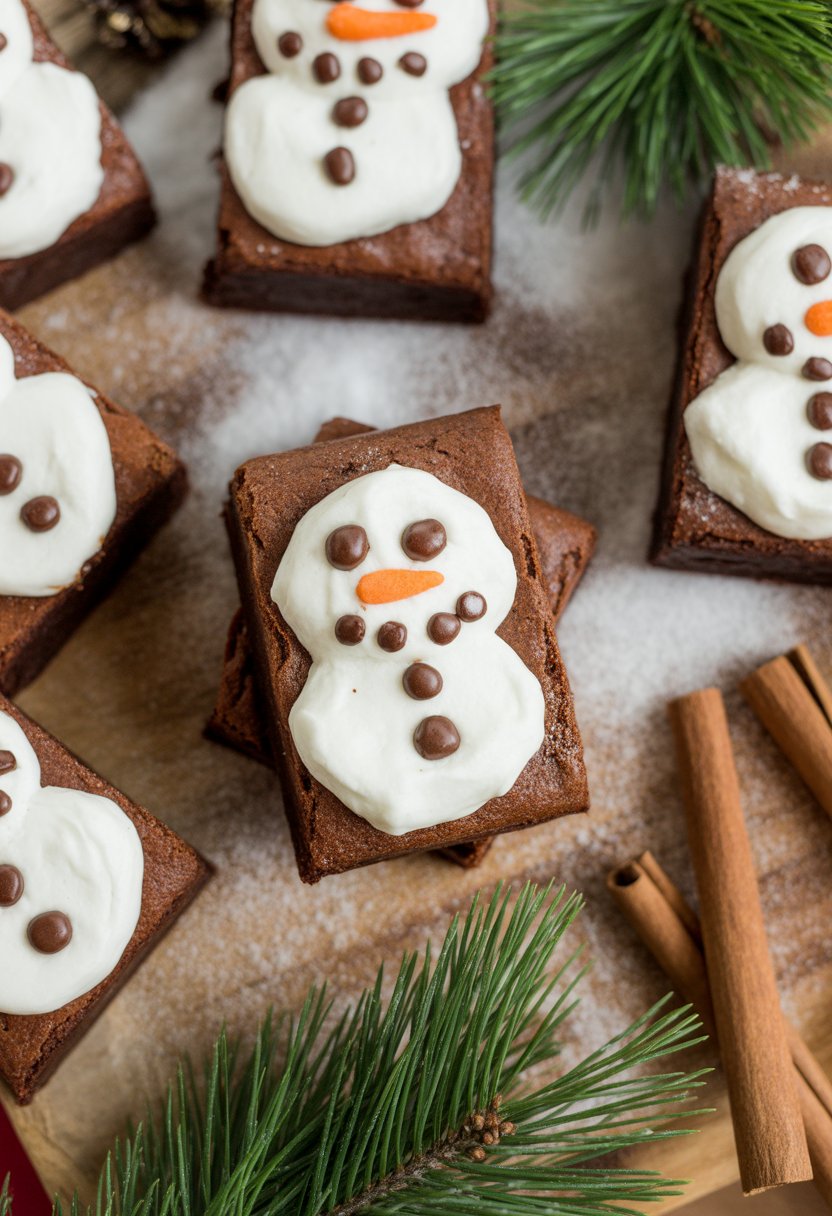 Close-up of frosted snowman-shaped brownies on a rustic wooden surface with festive Christmas decorations around them.