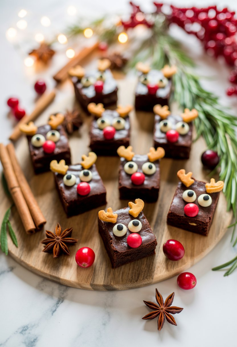 A top-down view of reindeer-shaped brownie bites arranged with fresh cranberries, cinnamon sticks, and rosemary on a wooden surface.