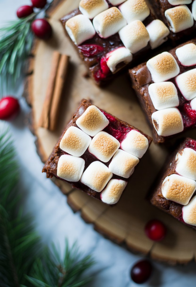 A plate of marshmallow topped holiday brownies surrounded by seasonal decorations on a rustic surface.