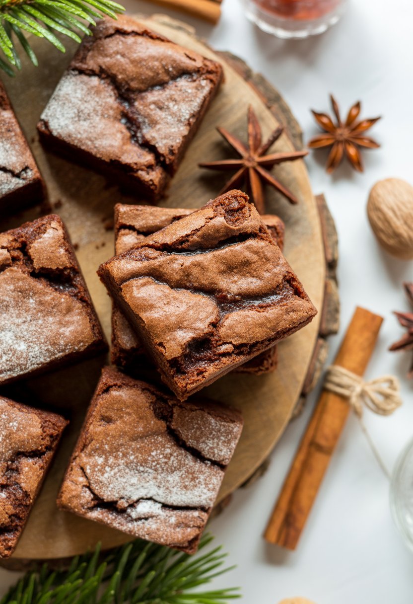 Close-up of cinnamon-spiced Christmas brownies on a rustic surface with cinnamon sticks and festive greenery around them.