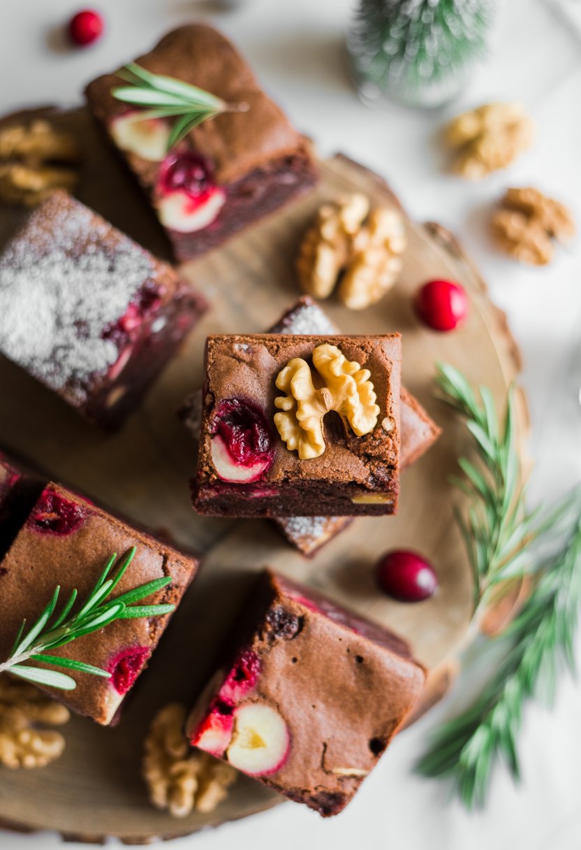 Close-up of freshly baked Christmas brownies on a rustic surface with fresh ingredients like cranberries and walnuts around them.