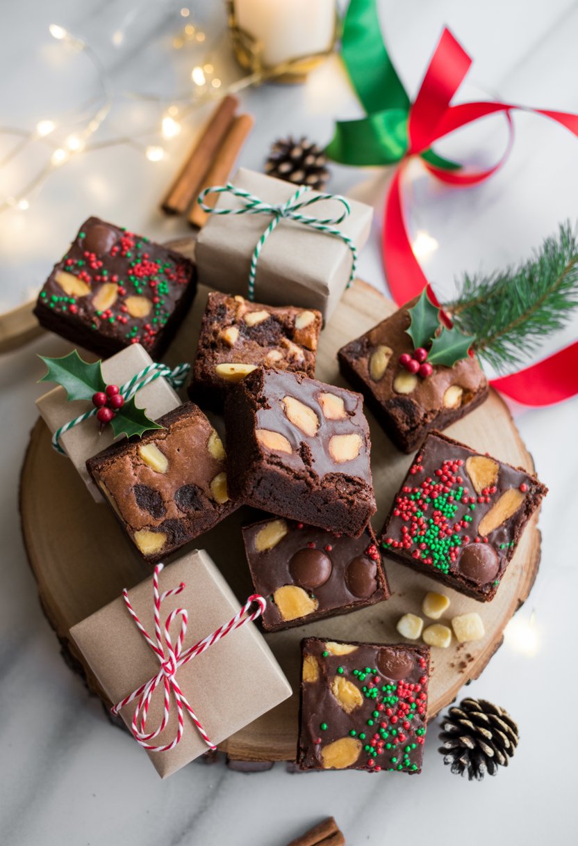 An overhead view of Christmas brownies wrapped as holiday gifts on a wooden or marble surface surrounded by festive decorations and fresh ingredients.