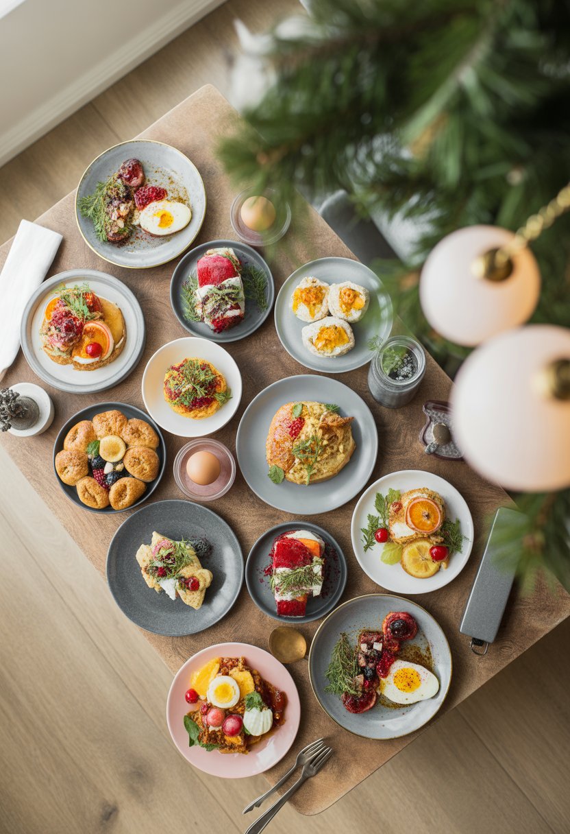An overhead view of a table with eleven different Christmas brunch dishes featuring fresh fruits, pastries, eggs, and festive garnishes on a rustic wood or marble surface.