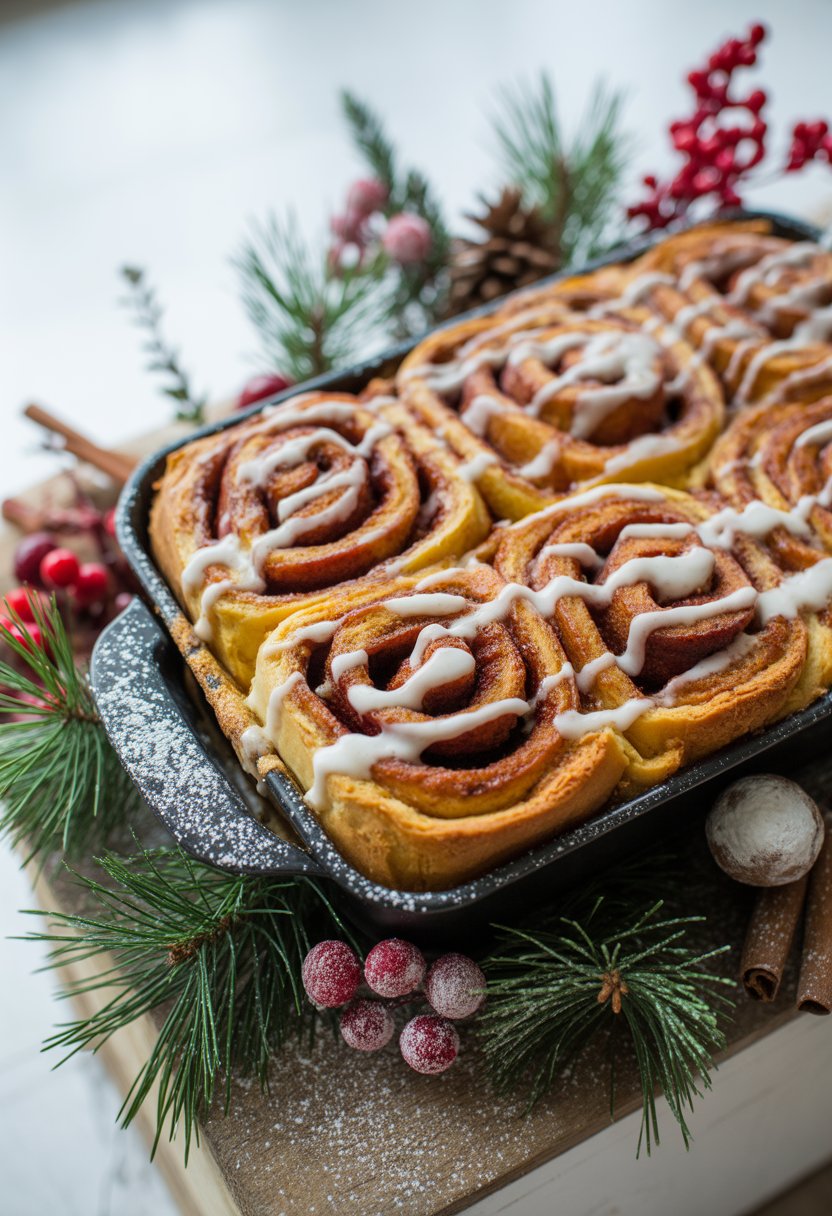 A cinnamon roll casserole on a rustic wooden surface surrounded by festive holiday decorations.