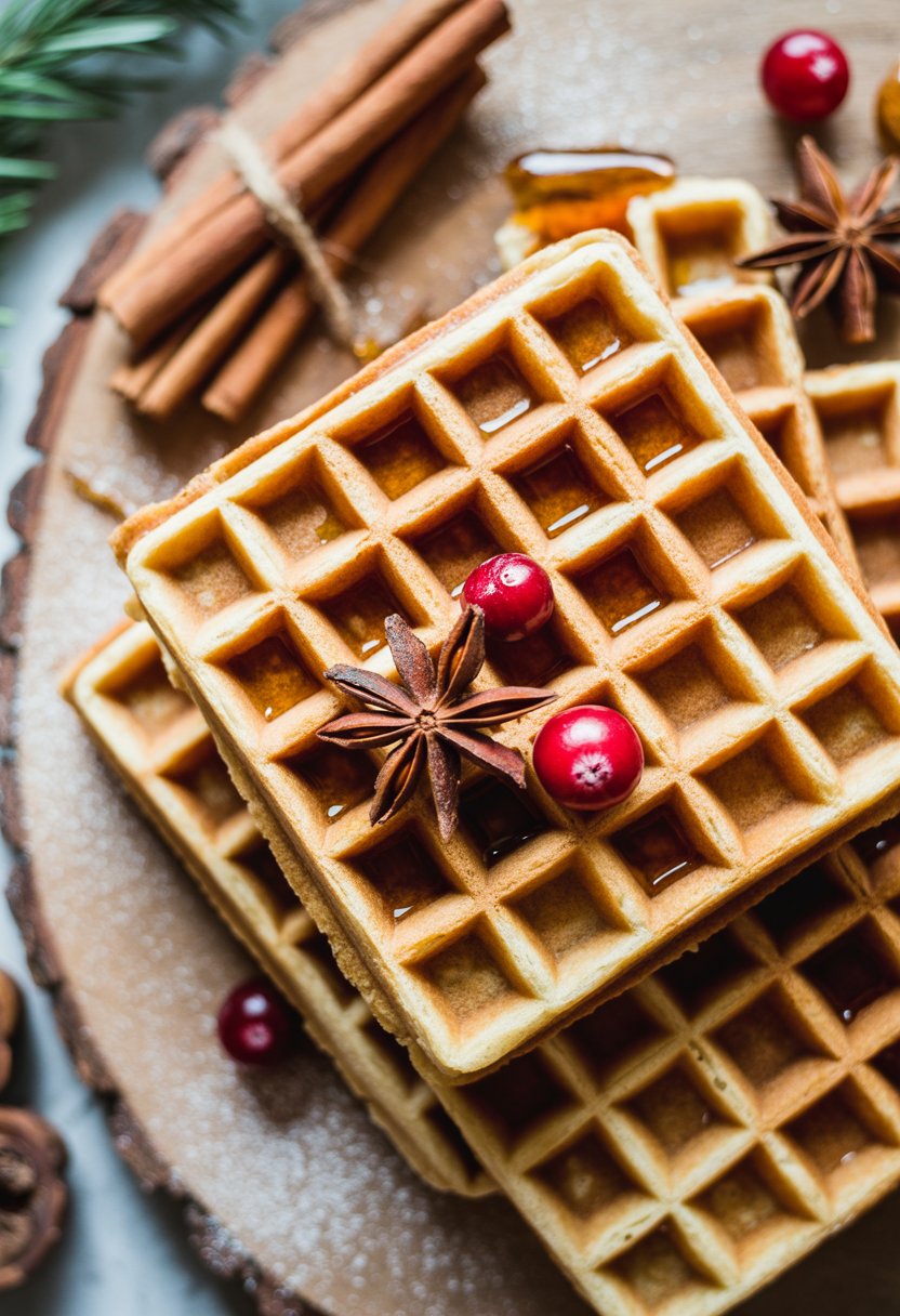 A plate of gingerbread waffles topped with powdered sugar and fresh cranberries on a rustic wood surface, surrounded by cinnamon sticks and star anise.