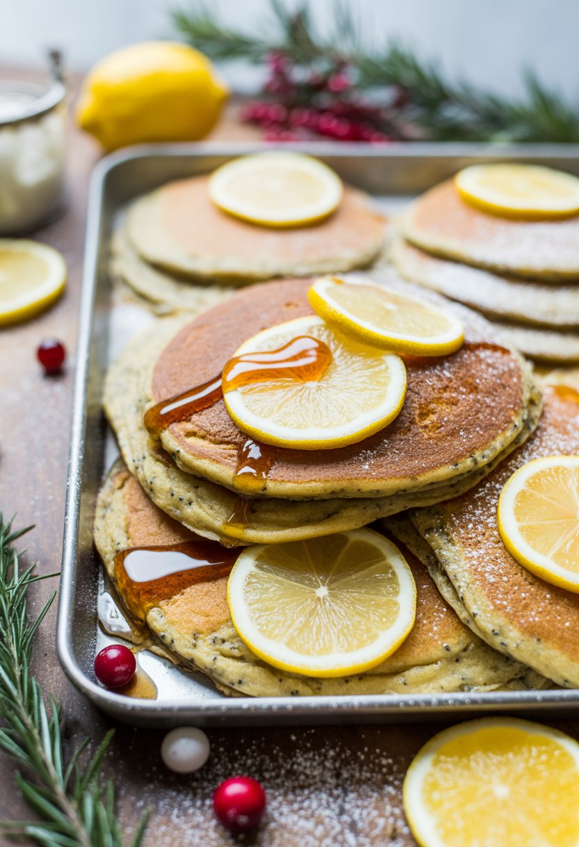 A plate of golden lemon poppyseed sheet pan pancakes garnished with lemon slices and powdered sugar, surrounded by fresh lemons and cranberries on a rustic surface.