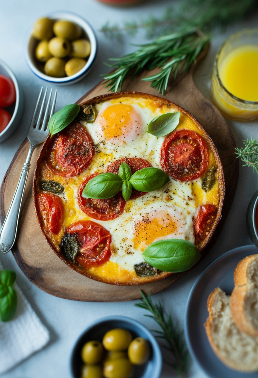 A rustic dish of Italian baked eggs surrounded by fresh ingredients and Christmas brunch elements on a wooden surface.