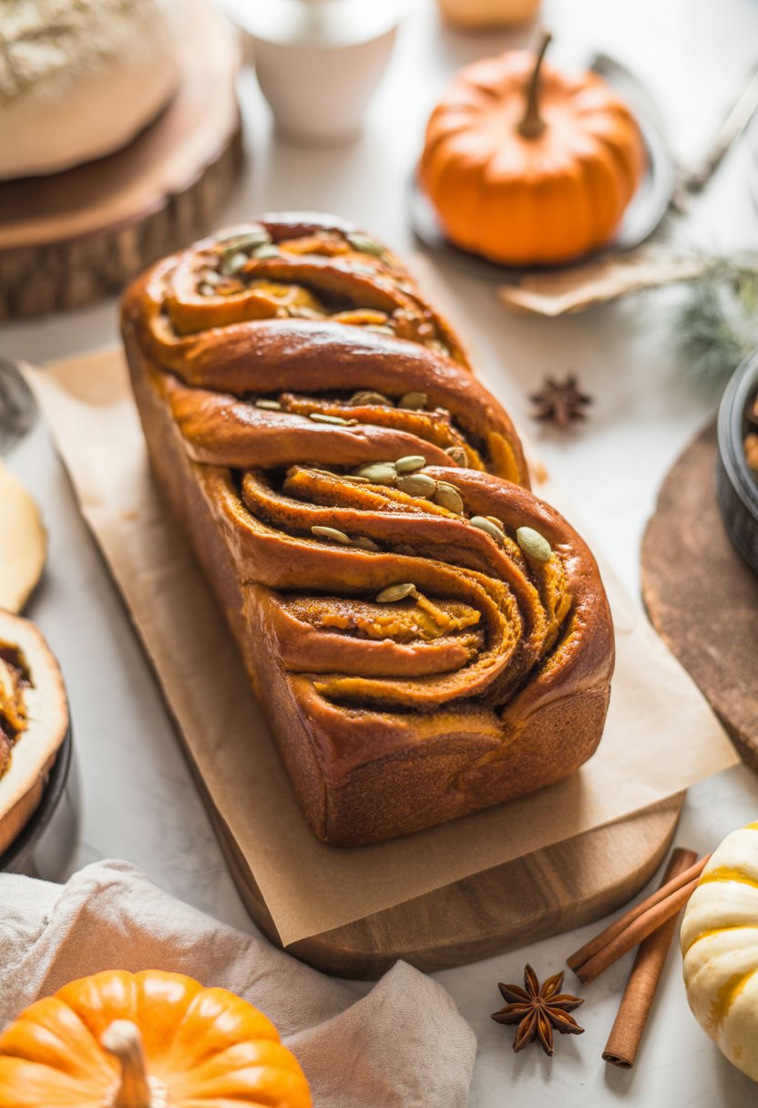 A close-up view of a pumpkin babka on a wooden surface surrounded by pumpkins and spices.