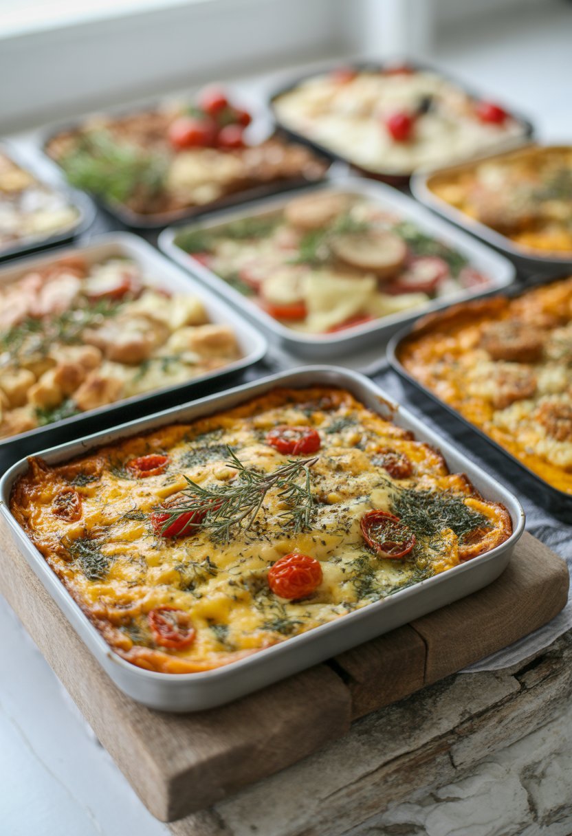 A cheesy breakfast casserole on a rustic surface surrounded by other Christmas brunch dishes, with fresh ingredients and vibrant colors.
