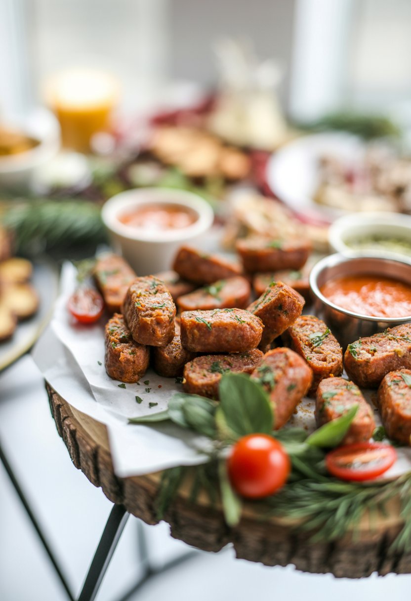 Close-up of breakfast sausage bites on a rustic surface with fresh herbs and dipping sauces, photographed with a blurred background.