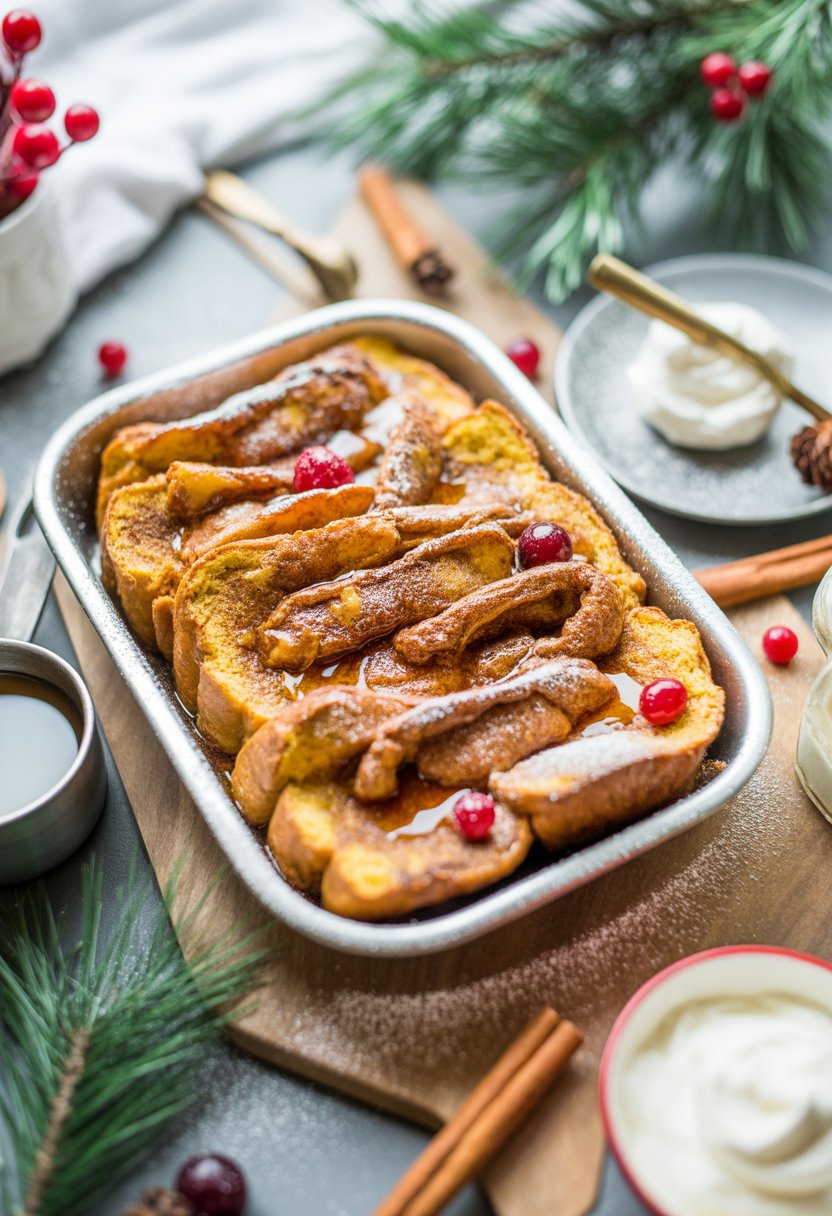 A golden brown eggnog French toast bake on a rustic wooden surface with cinnamon sticks, cranberries, and festive decorations around it.