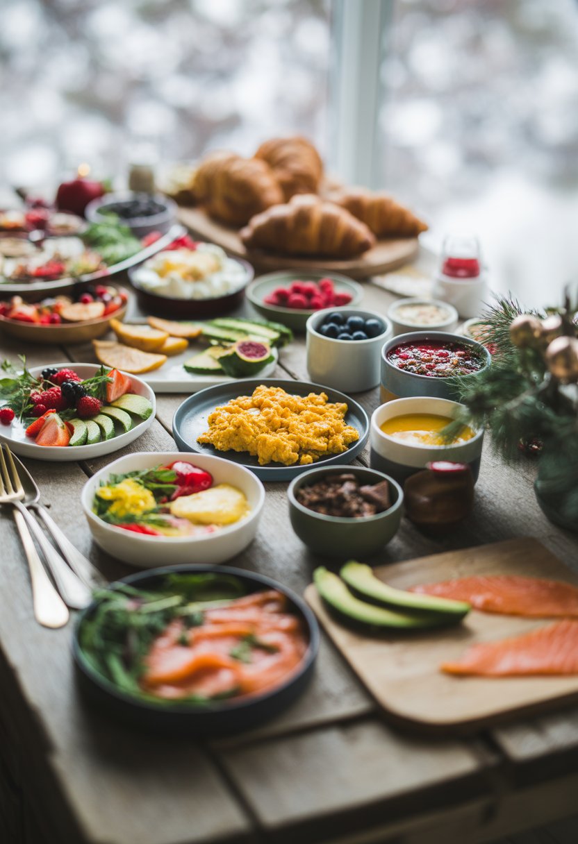 A bright overhead view of a Christmas brunch spread with fresh eggs, croissants, berries, avocado, smoked salmon, and greens on a rustic wooden or marble surface.