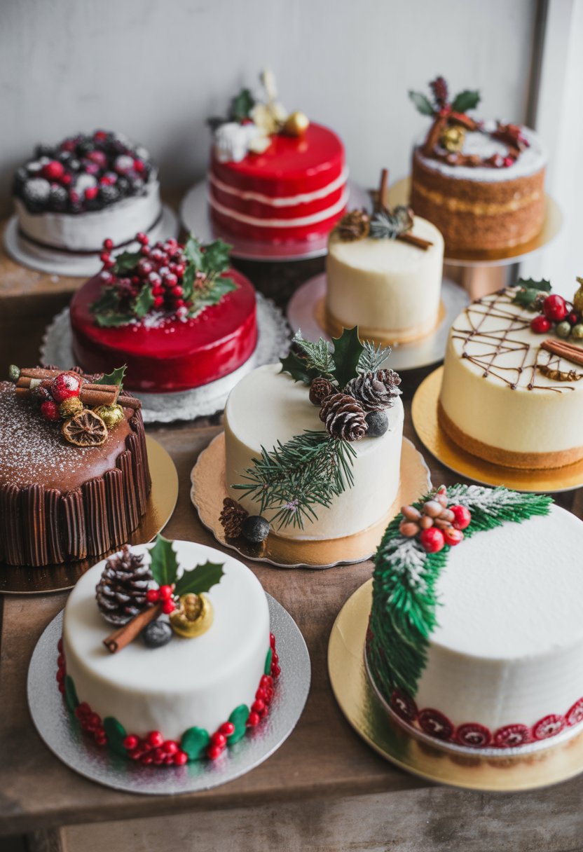Ten decorated Christmas cakes displayed on a rustic surface, featuring various festive designs and fresh ingredients.