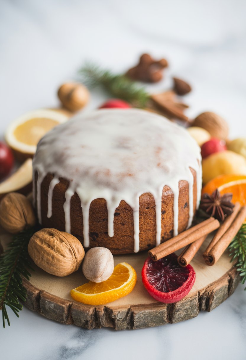 A classic fruitcake with marzipan and icing on a rustic surface, surrounded by nuts and dried fruits.