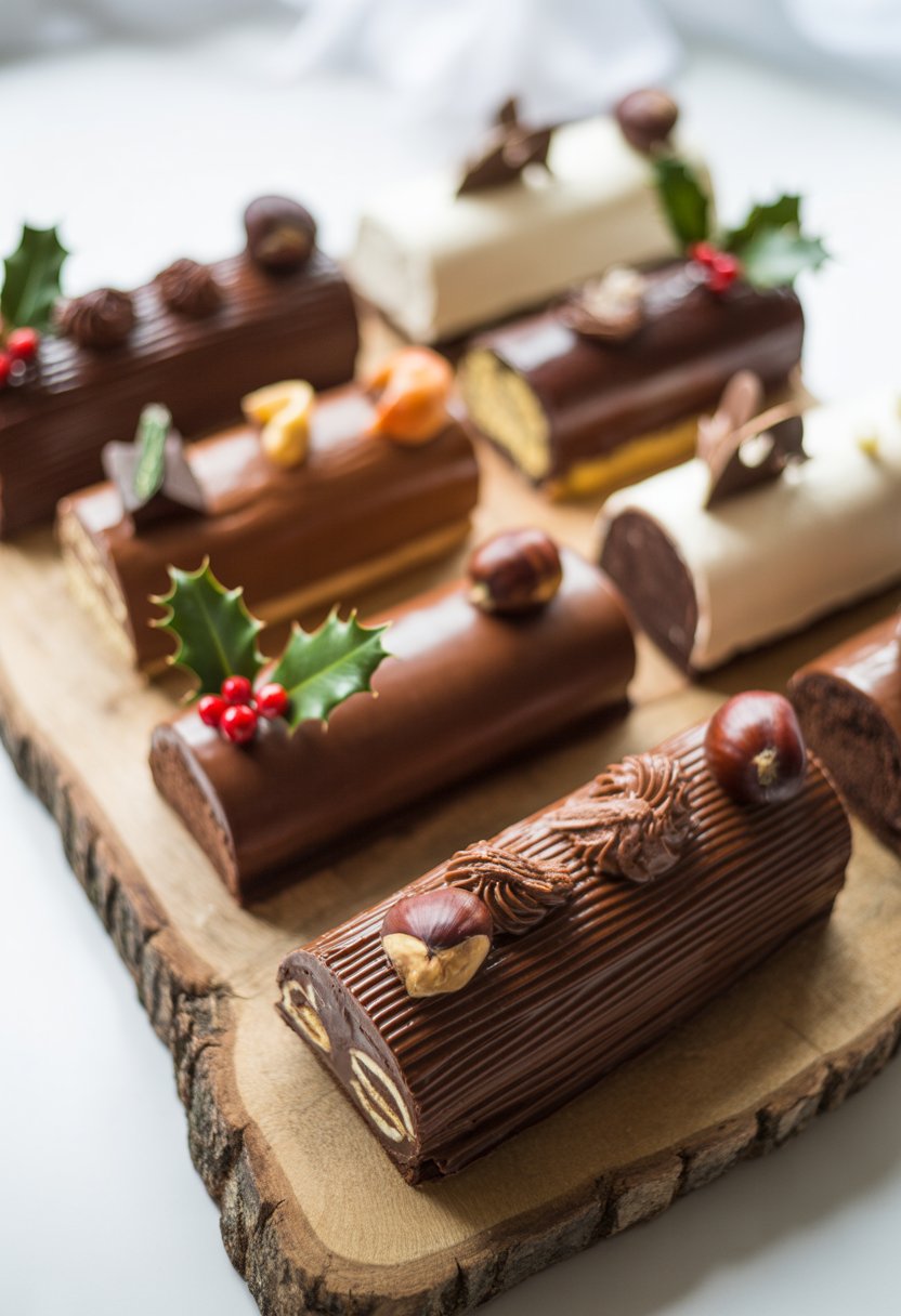 A chocolate Yule Log cake topped with chestnut cream and fresh chestnuts, displayed on a rustic surface with festive decorations in the background.